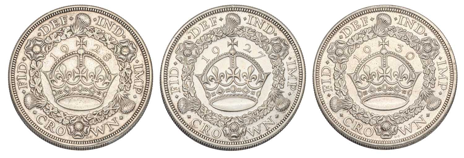 3x George V, 'Wreath' Crowns, 1927, 1928 and 1930 (all S.4036) all very fine or better but harshly - Image 2 of 2