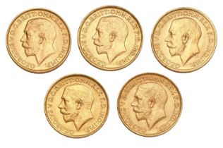 5x George V Sovereigns, date run, 1911, 1912, 1913, 1914 and 1915; near extremely fine or better,