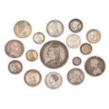 Small Assortment of British Silver Coinage; 16 coins, highlights include, George I, shilling 1723,