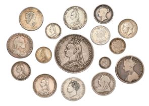 Small Assortment of British Silver Coinage; 16 coins, highlights include, George I, shilling 1723,