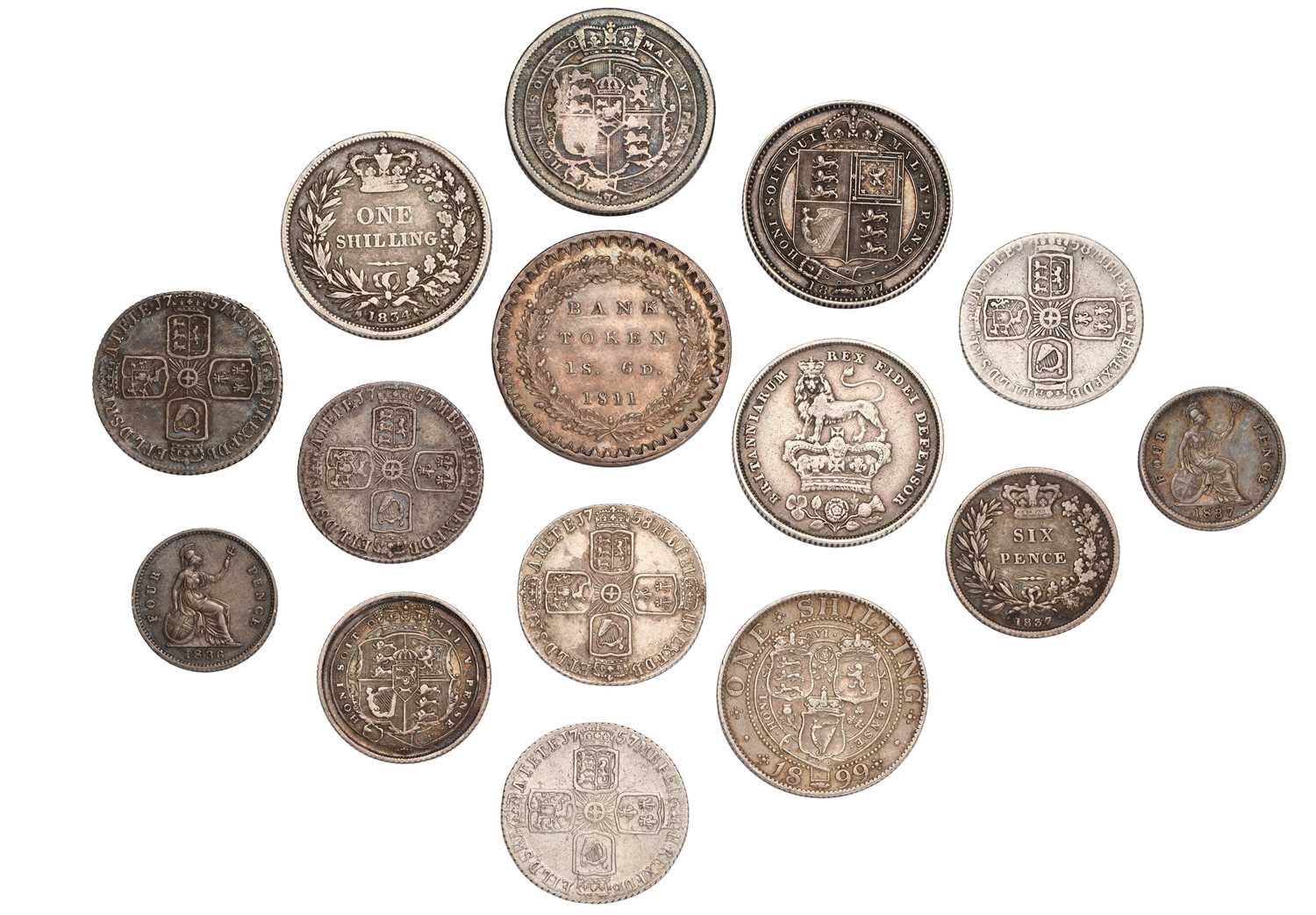 Mixed 18th and 19th Century Silver Coinage; 15 coins comprising: George II, 5x sixpences, (3x) - Image 2 of 2