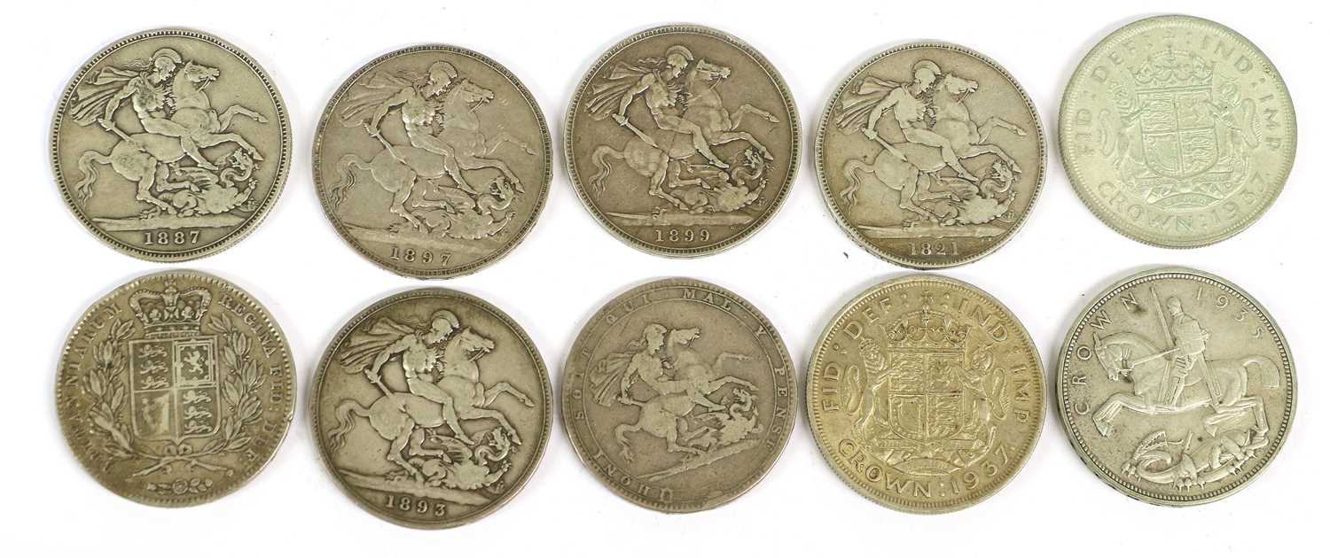 10x UK Silver Crowns, to include; George III, 1819 fair with graffiti; George IV, 1821 fine; - Image 2 of 2