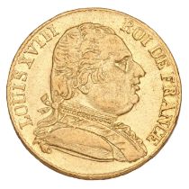 France, 20 Francs 1815R, (.900 gold, 21mm, 6.4g) London Mint, obv. dressed bust of Louis XVIII