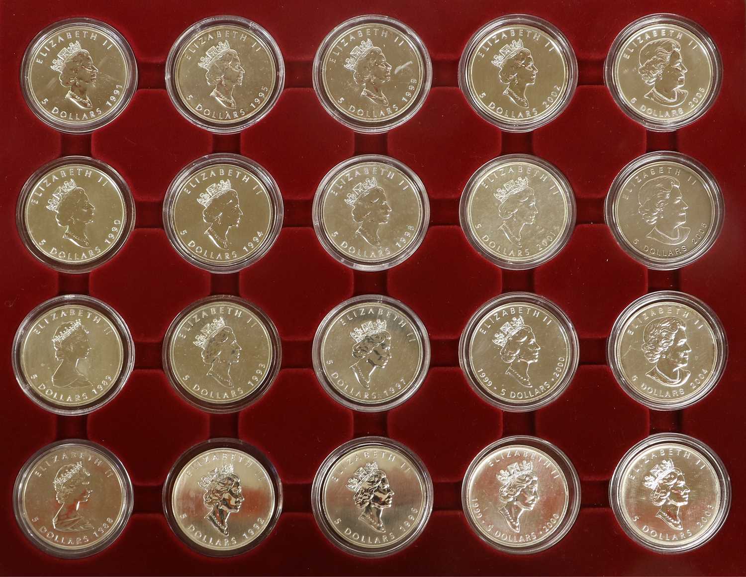 20x Canada 1oz Fine Silver Maple Leaf Coins, full date run 1988-2006, 5 dollar face value, all coins