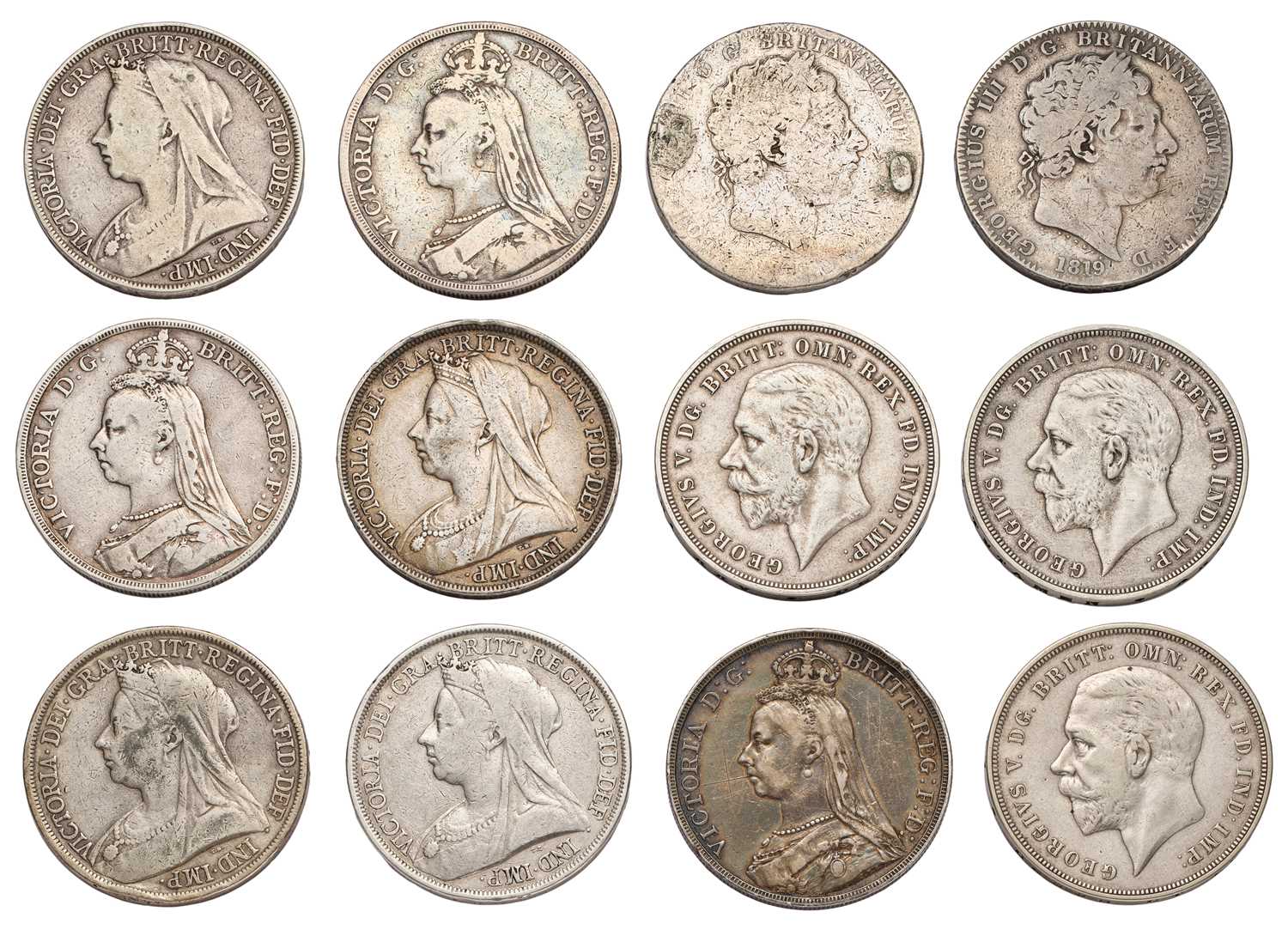 12x UK Silver Crowns, comprising; 2x George III, date unclear (ex-mount) and 1819; 7x Victoria,