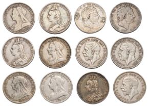 12x UK Silver Crowns, comprising; 2x George III, date unclear (ex-mount) and 1819; 7x Victoria,