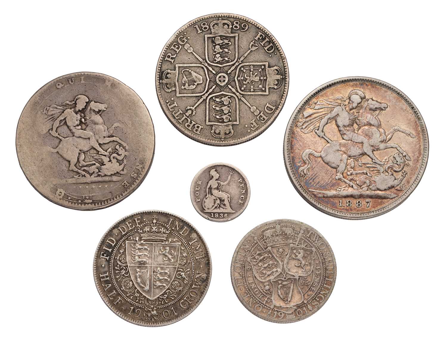 6x 19th Century UK Silver Coins; to include; George III, crown 18?, fair; Victoria, crown 1887, near - Image 2 of 2