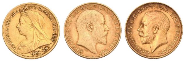 3x Half Sovereigns, to include; Victoria, 1899 fine; Edward VII, 1907 good fine; and, George V, 1915