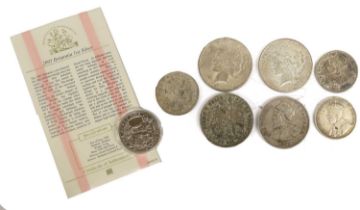 Mixed North and South America Silver Coins; 8 coins to include; (2x) USA, 'peace' dollars 1923 and