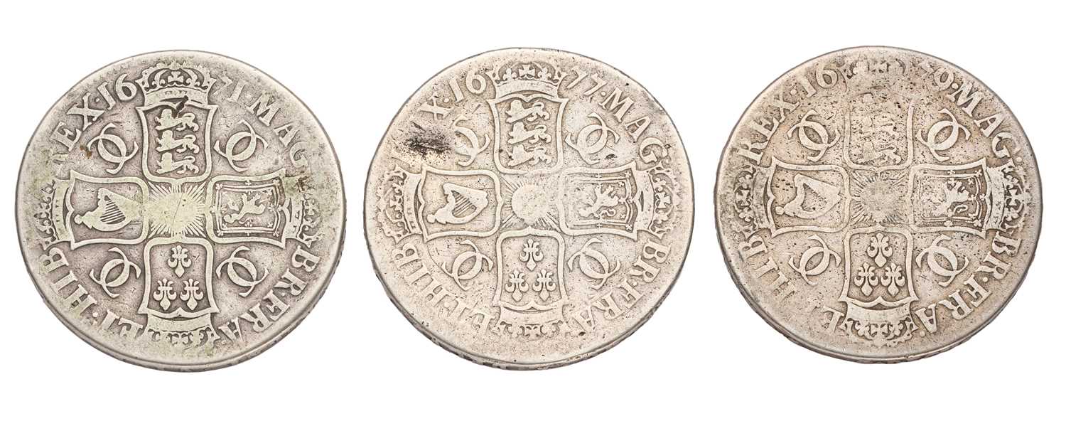 3x Charles II, Crowns, comprising; 1671 V.TERTIO, second bust (S.3357); 1677 V.NONO, third bust (S. - Image 2 of 2