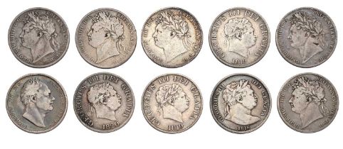 10x Regency Period Halfcrowns, comprising; George III, 1816, (2x) 1819 and 1820; George IV, (3x)