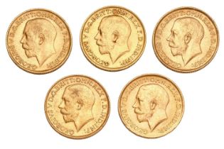 5x George V Sovereigns, date run, 1911, 1912, 1913, 1914 and 1915; near extremely fine or better,