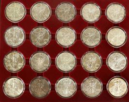 20x USA 1oz Fine Silver Eagles, full date run 1986-2005, one dollar face value; all encapsulated and