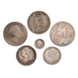 6x 19th Century UK Silver Coins; to include; George III, crown 18?, fair; Victoria, crown 1887, near