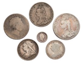 6x 19th Century UK Silver Coins; to include; George III, crown 18?, fair; Victoria, crown 1887, near