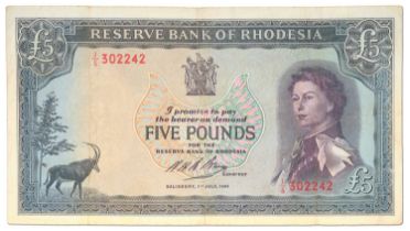 Reserve Bank of Rhodesia, £5 1966, Salisbury 1st July 1966, serial no. J/5 30242 (Pick 29a) 3