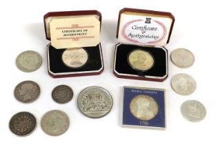 Selection of British and World Silver Coins; 12 coins and medals to include; Victoria, crown 1845,
