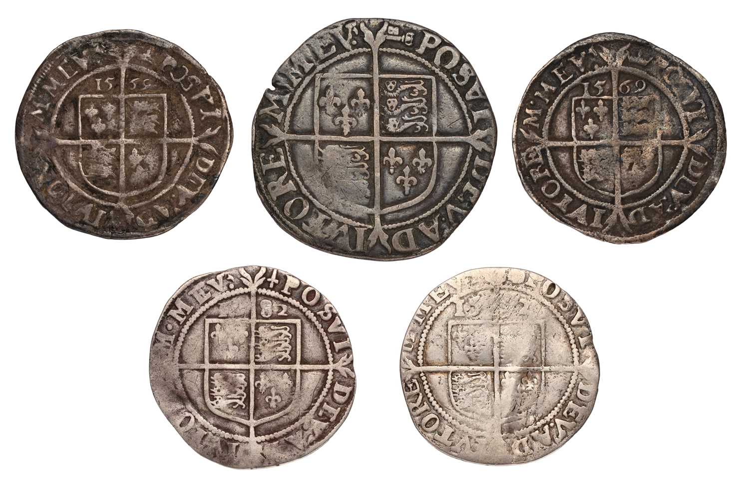 5x Elizabeth I Coins, to include: shilling, sixth issue, 5.63g, mm. key, full flan, clear legends ( - Image 2 of 2