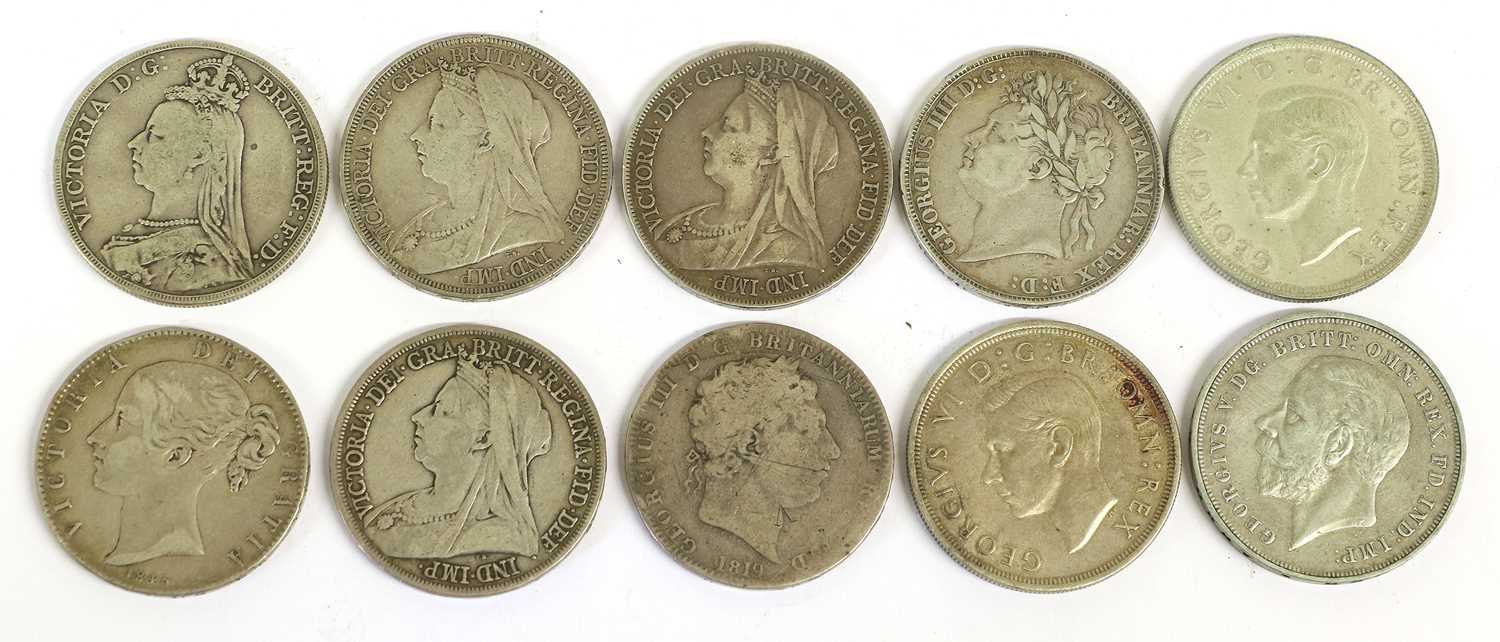 10x UK Silver Crowns, to include; George III, 1819 fair with graffiti; George IV, 1821 fine;