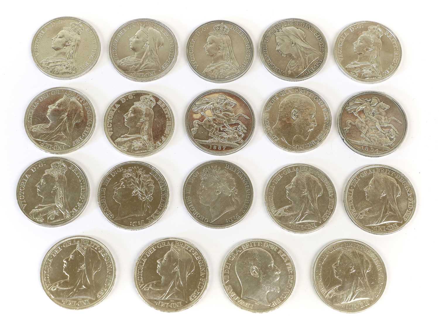 19x UK Silver Crowns, to include; George IV 1821, 1822; Victoria, 1887, 1888, 1889, 1890, 1891,