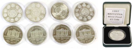 Assorted British and World 1oz Fine Silver Coins, 9 coins to include, 1x UK fine silver Britannia