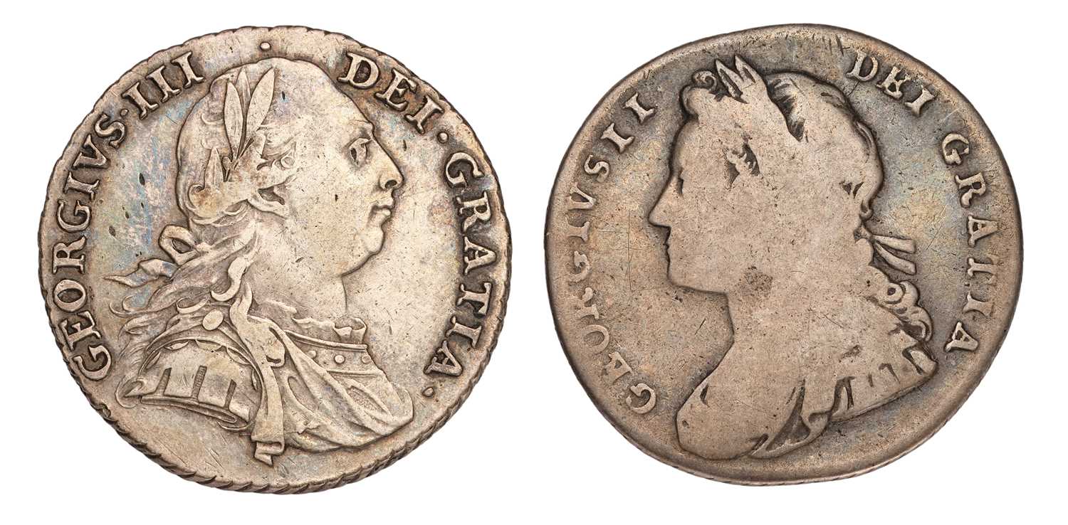 George II, Shilling 1728, plain angles (S.3699), obverse near fine, reverse good fine; together