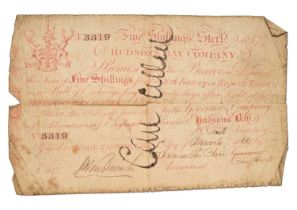 Canada, Hudson's Bay Company Promissory Note, Five Shillings 1857, serial no. 3319 signed in