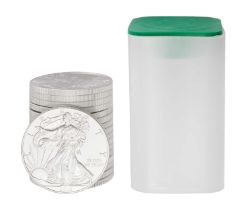 17x USA 1oz Fine Silver Eagles 2013, one dollar face value; housed in United States Mint tube,
