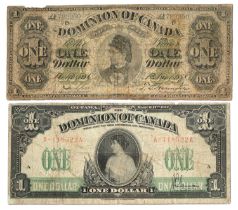 2x Dominion of Canada Banknotes, to include; one dollar, 1st June 1878, payable at Montreal,