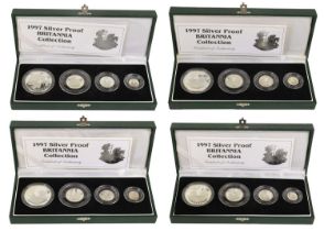 4x UK, Silver Proof Britannia Collections 1997, 4 coin sets comprising; 1oz £2, 1/2oz £1, 1/4oz 50p,