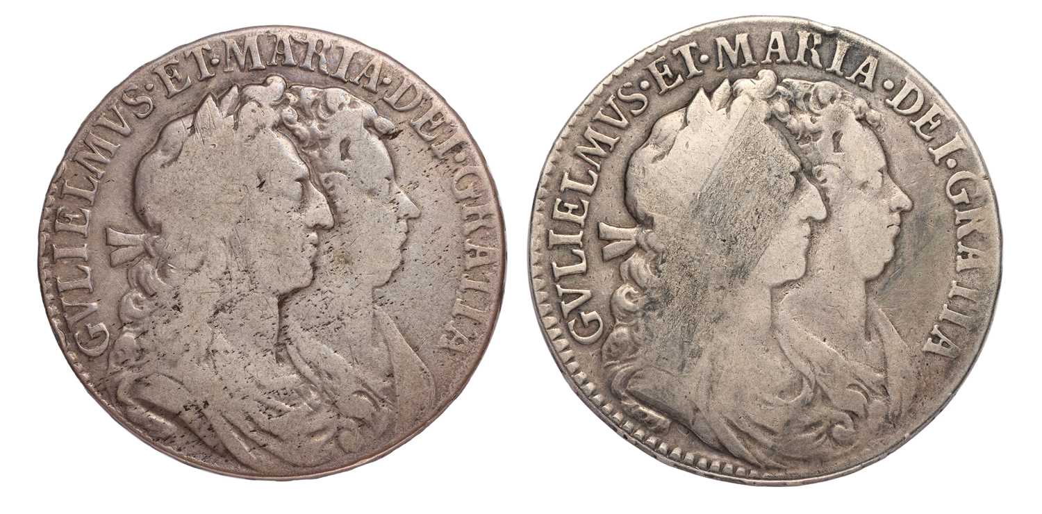 2x William and Mary, Halfcrowns; 1689, first busts, first crowned shield, no frosting, pearls (S.