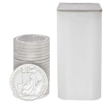 20x UK 1oz Fine Silver Britannias, comprising; 3x 2015, 11x 2016, 5x 2017 and 1x 2018, two pounds