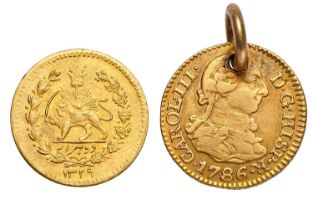 2x World Gold Coins, to include; Spain, 1/2 escudo 1786 (.875 gold, 14.5mm, 1.92g inc. mount),