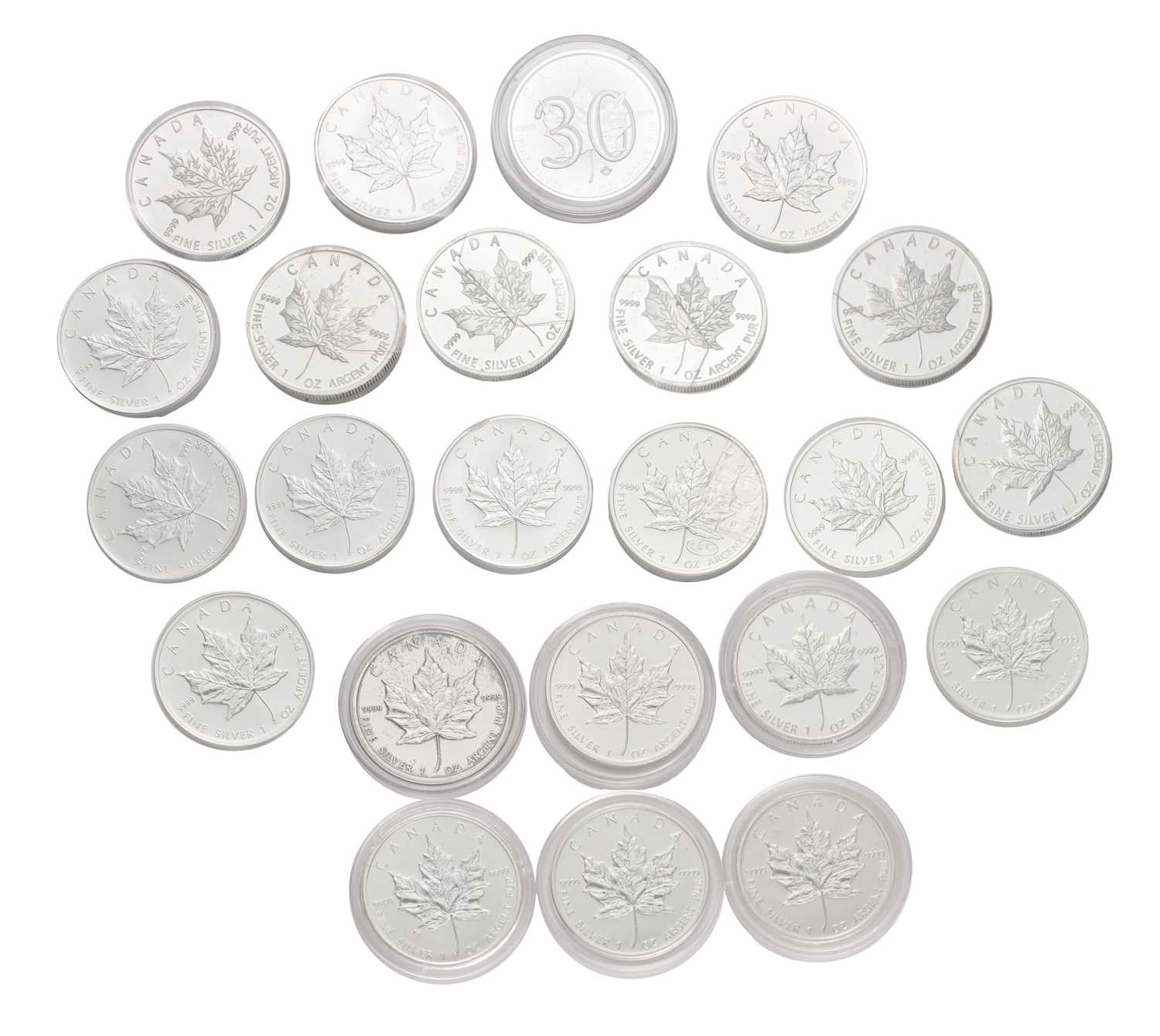 23x Canada 1oz Fine Silver Maple Leaf Coins, to include; 2x 1997, 1998, 1999, 2x 2003, 5x 2006, 2x