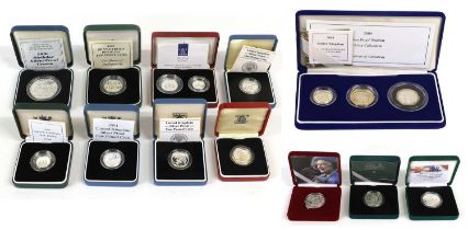 Mixed Royal Mint Silver Proof Coins; 15 coins across 12 cases to include; 4x silver proof £1,