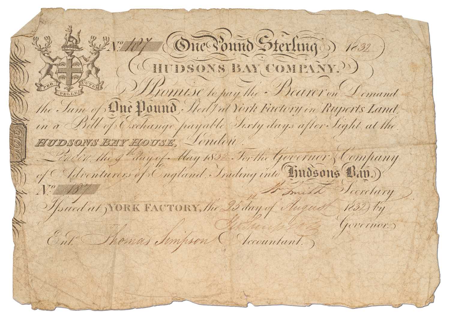 Canada, Hudson's Bay Company Promissory Note, One Pound 1832, serial no. 187 signed in London on 9th