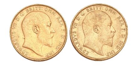 2x Edward VII, Sovereigns, 1905 and 1908; both Perth Mint; both good very fine