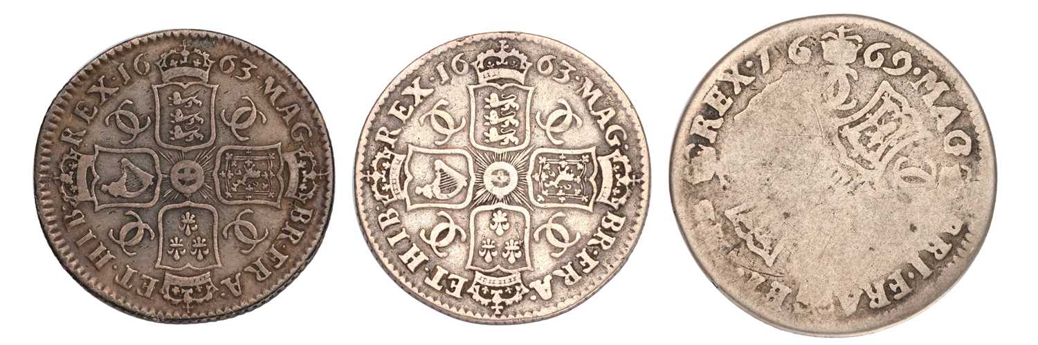 3x Charles II Coins, to include: Shilling 1663, first bust, normal die axis (S.3371) dark toning, - Image 2 of 2