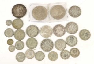 Assorted British Silver Coinage; highlights include 3x crowns, Victoria 1890, fine; George V 1935,
