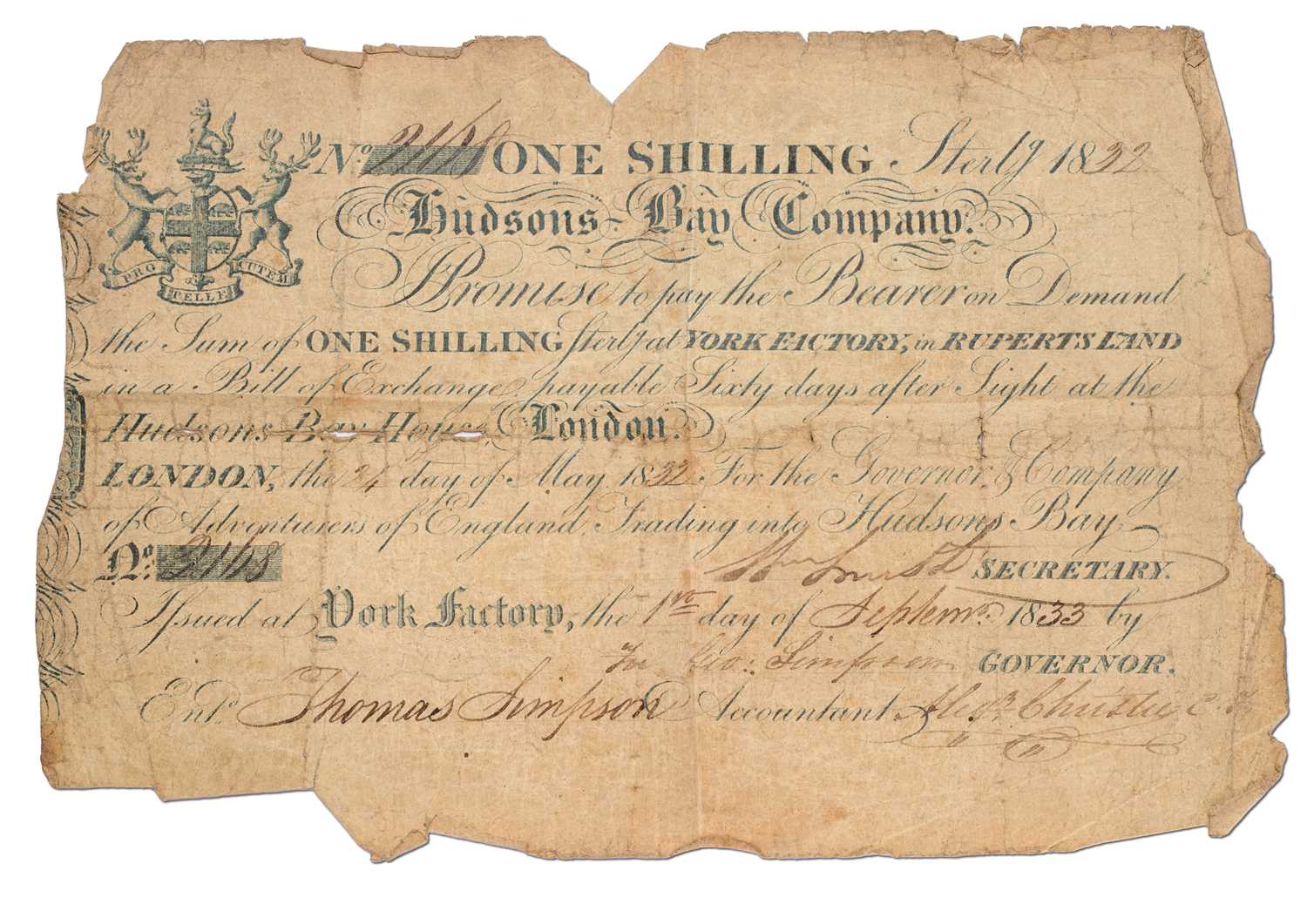 Canada, Hudson's Bay Company Promissory Note, One Shilling 1832, serial no. 2168 signed in London on