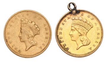 2x Gold USA Dollar Coins; to include; 1855 (.900 gold, 15mm, 1.67g) fine; and, 1862 (.900 gold,