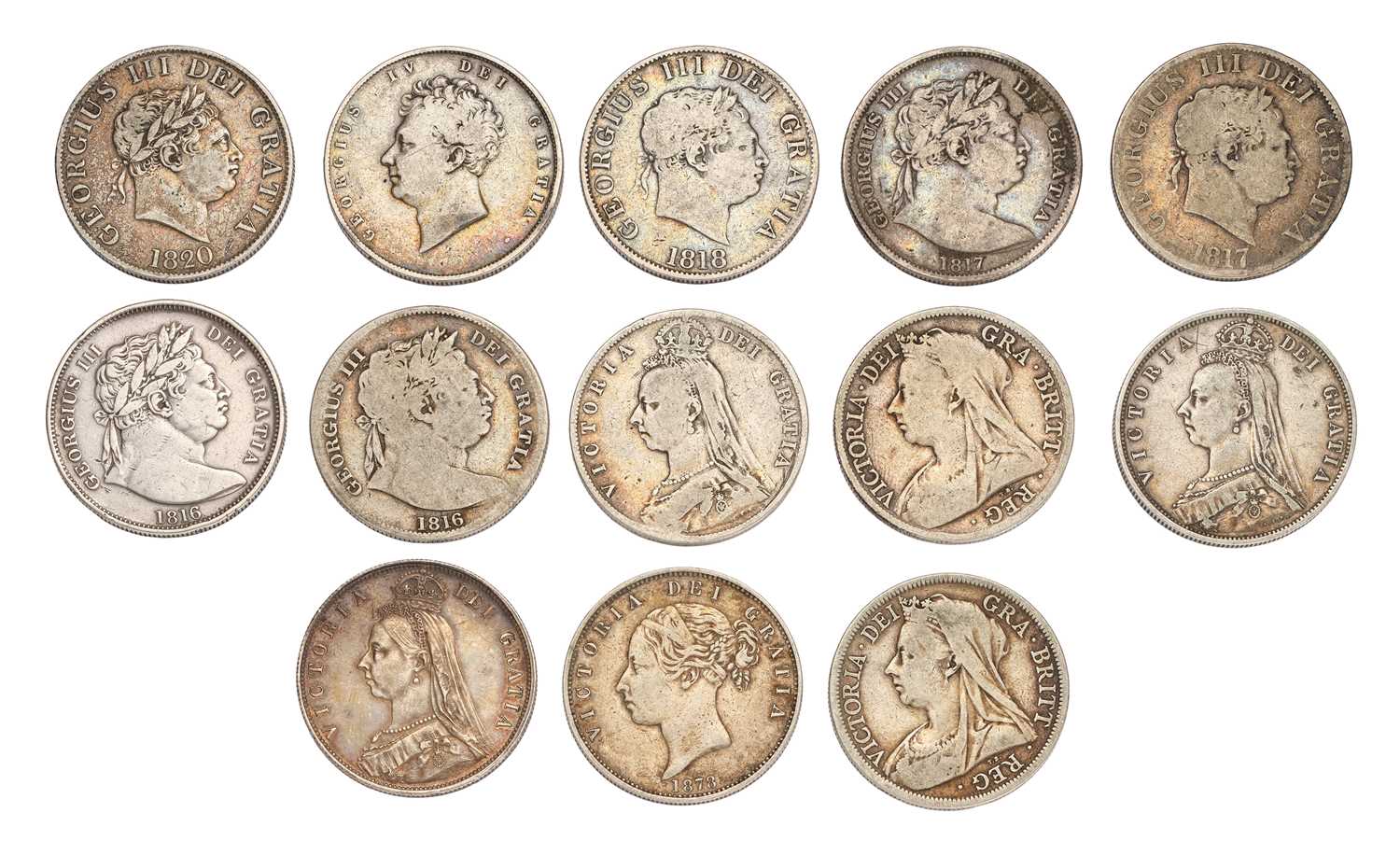 13x 19th Century Halfcrowns, to include; George III, (2x)1816 one cleaned, (2x) 1817 large and small