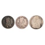 3x Charles II Coins, to include: Shilling 1663, first bust, normal die axis (S.3371) dark toning,