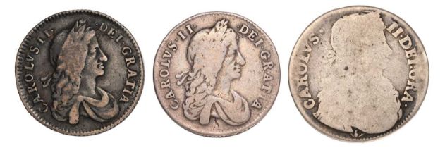 3x Charles II Coins, to include: Shilling 1663, first bust, normal die axis (S.3371) dark toning,