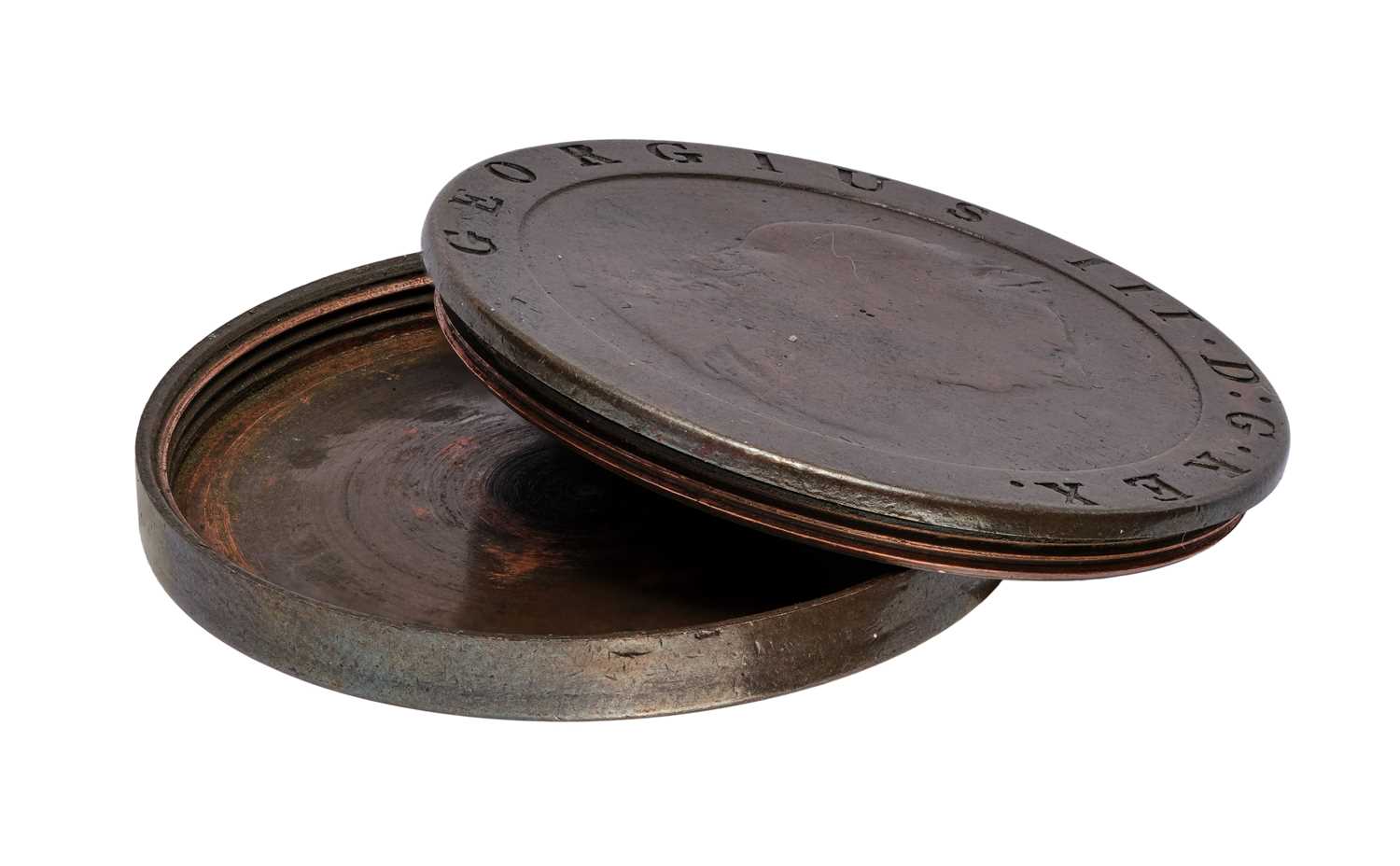 George III, 'Cartwheel' Twopence Smuggler's Box; coin hollowed out for concealment, with two