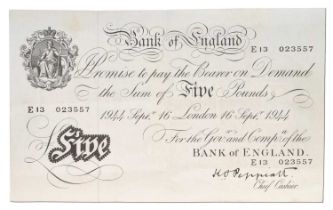 Bank of England, 'White' Five Pounds, dated 16th September 1944, signed Peppiatt, serial no. E13