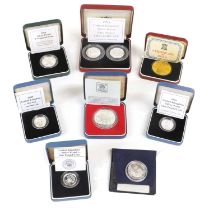 9x Silver Proof Coins, to include; Royal Mint, UK silver proof fifty pence coin, two-coin set