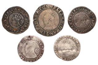 5x Elizabeth I Coins, to include: shilling, sixth issue, 5.63g, mm. key, full flan, clear legends (