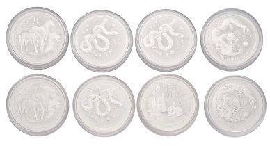 8x Australia, 2oz Fine Silver Lunar Series Coins; comprising 2011 Year of The Rabbit, (2x) 2012 Year