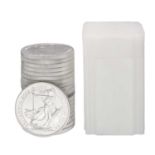 20x UK 1oz Fine Silver Britannias 2012, two pounds face value; housed in a tube, some with bag marks